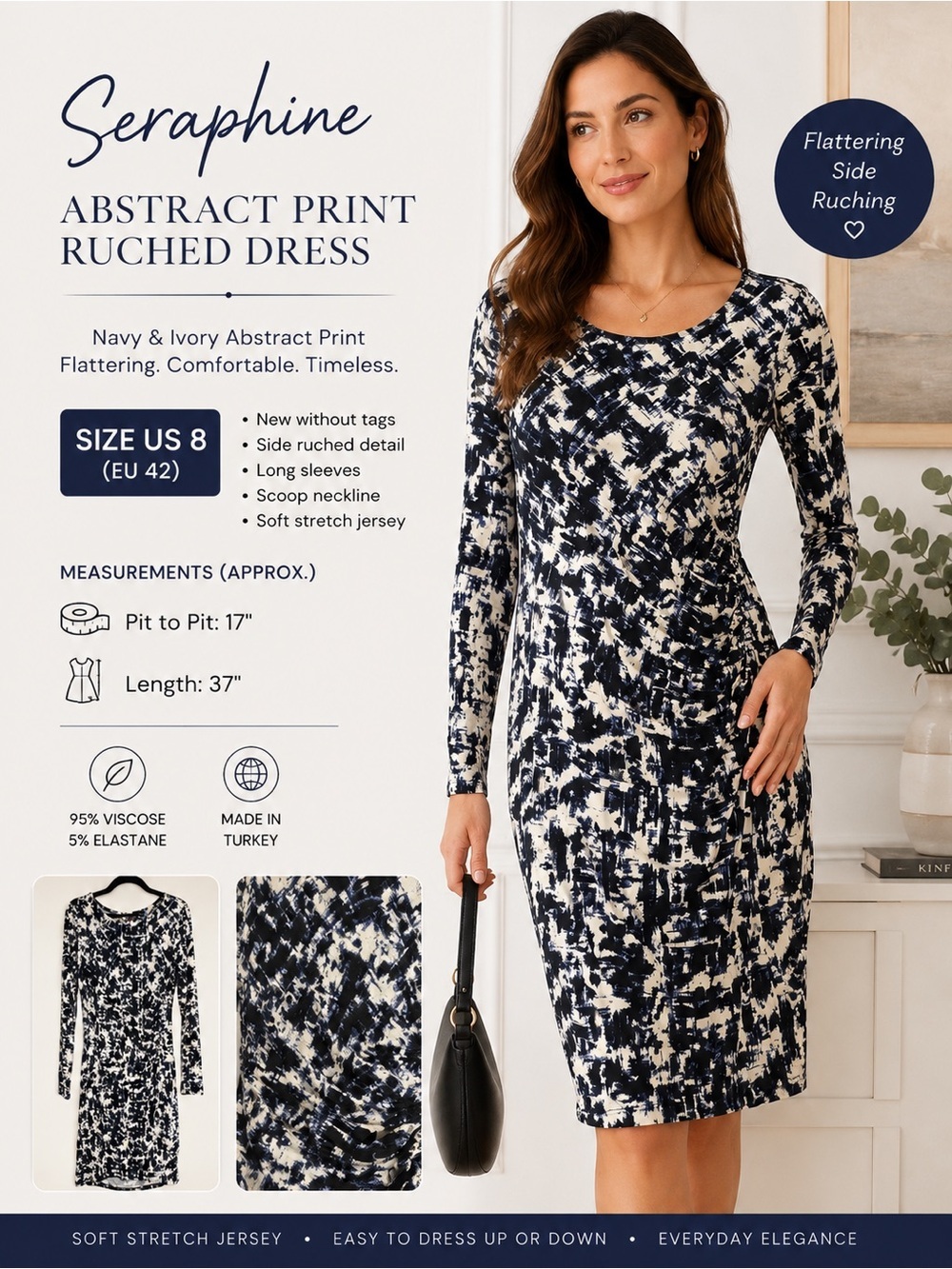 Seraphine Abstract Print Ruched Side Dress – Size US 8